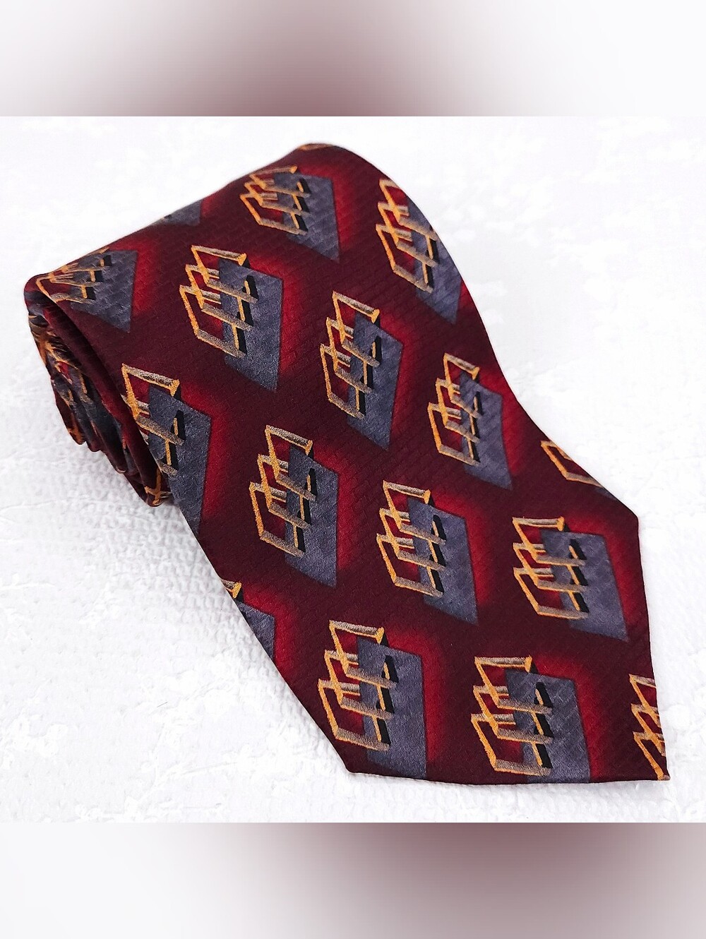 J.Z. Richards Silk Tie Red Orange Gray Geometric Hand-Made in USA New!